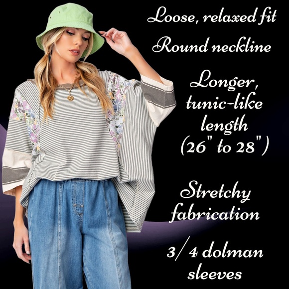 EASEL “Great Vibes” Mixed Print Relaxed & Stretchy Fit Top Defined Seams Details - Picture 5 of 15